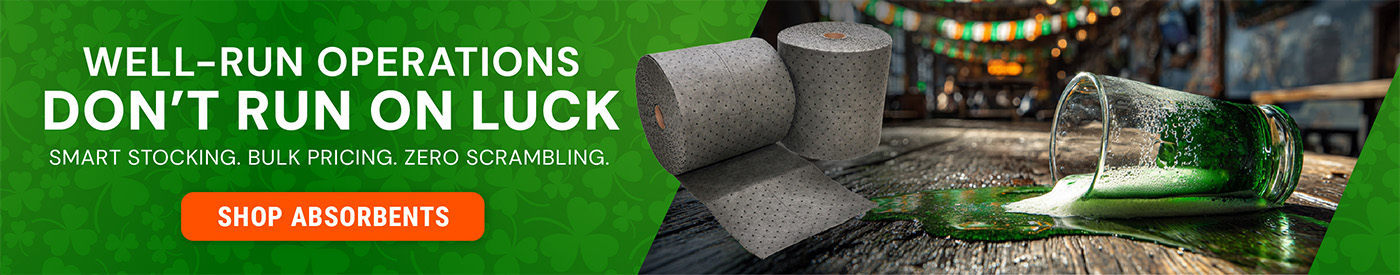 Two rolls of industrial absorbent material next to a tipped green glass with liquid spilling on a wooden surface, set against a festive bar background. Text reads \"Well-Run Operations Don\'t Run on Luck – Smart Stocking. Bulk Pricing. Zero Scrambling.\"