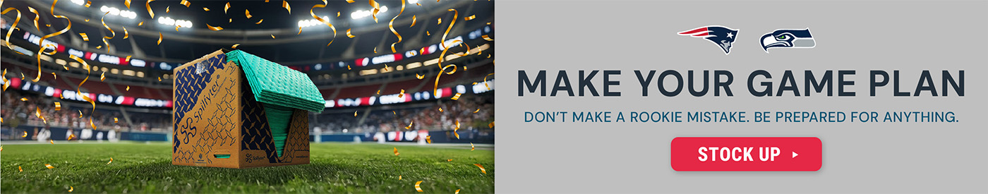Wide stadium banner featuring a football field background with a spill response kit box on the field surrounded by celebratory confetti, headline text reading “Make Your Game Plan,” subtext about avoiding rookie mistakes and being prepared for anything, a