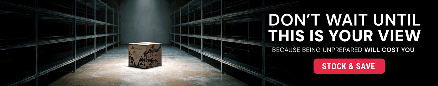Empty warehouse shelves with a single box of absorbent products in the center. Text reads “Don’t Wait Until This Is Your View. Because Being Unprepared Will Cost You” with a Stock and Save button.
