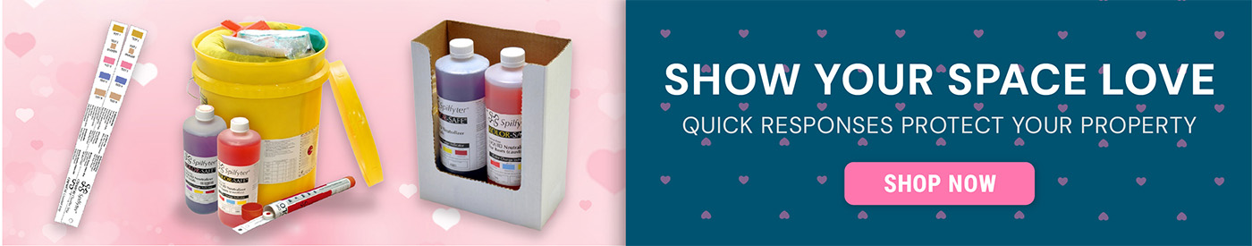 Valentine’s themed banner featuring spill response supplies including absorbent test strips, bottles of spill neutralizer, a yellow spill kit bucket with absorbents, and a box of liquid absorbent bottles. Text reads “Show Your Space Love. Quick Responses 