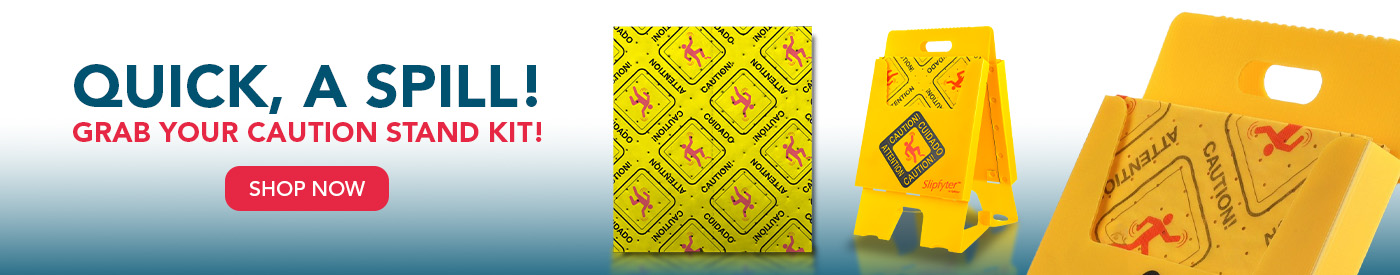 Absorbents For Less Caution Stand Kit with bright yellow safety stand and absorbent supplies for fast spill response in workplaces and facilities